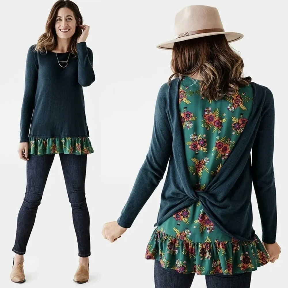 Matilda Jane Twist & Shout Sweater Size XS Long Sleeve Teal Floral Long Sleeve